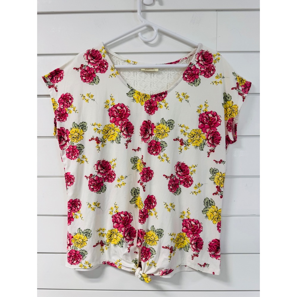 Floral Lace Back Tie Front Top Pink Yellow Roses V-Neck Blouse 1X